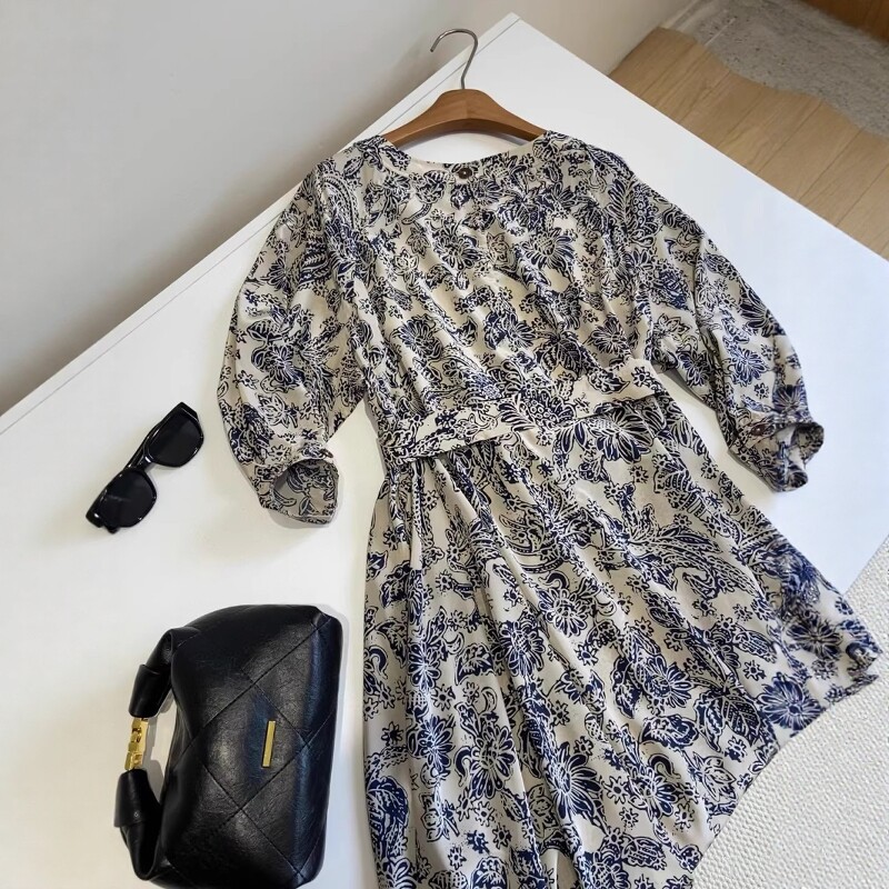 轻奢线！高级感复古中国风印花垂坠感立裁收腰气质连衣裙女夏新