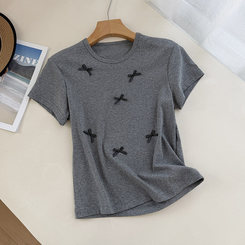 蝴蝶结螺纹棉弹力圆领短袖T恤女