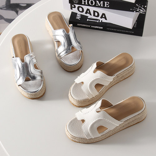 时尚一字厚底坡跟草编H凉拖鞋女