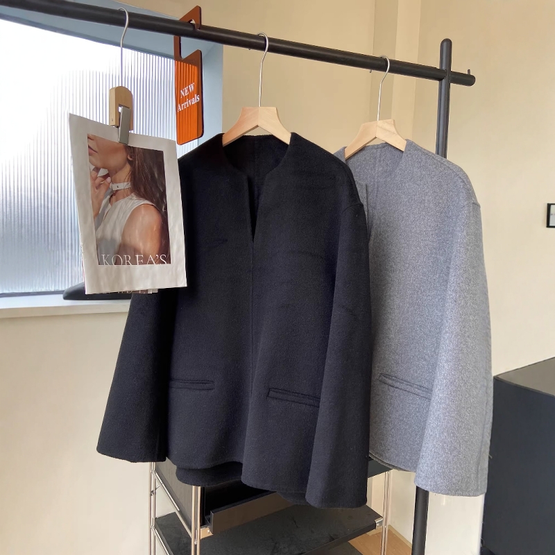 老钱风半开领羊毛混纺双面呢大衣