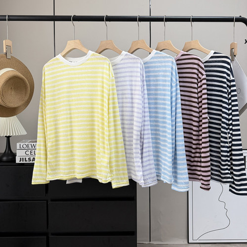 条纹凉感冰丝长袖T恤宽松防晒T恤