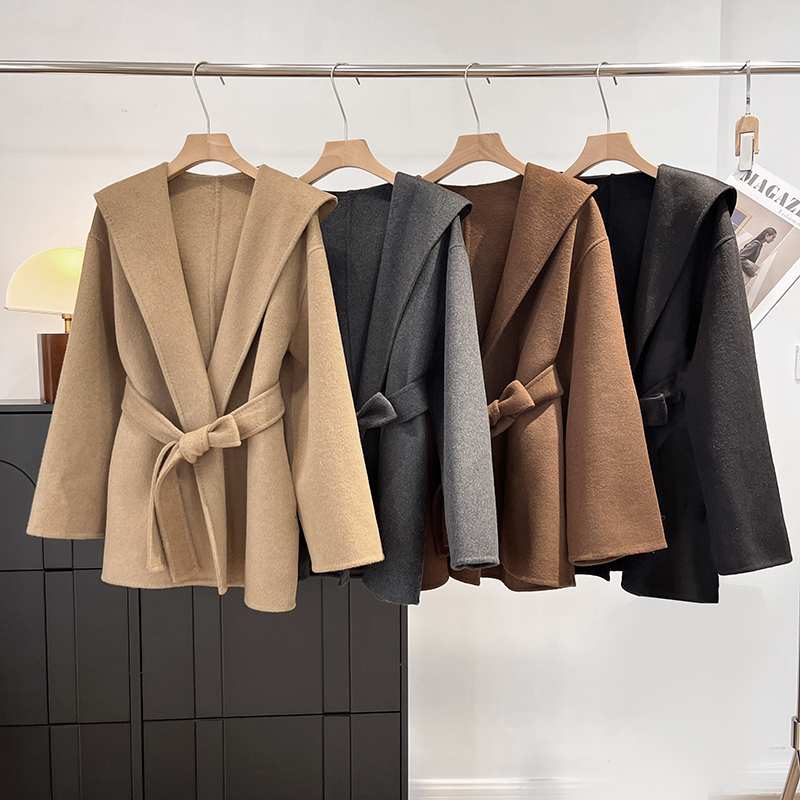 双面呢羊毛羊绒系带毛呢大衣风衣