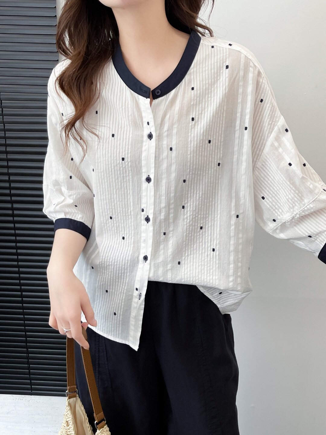 韩系拼接撞色纯棉小立领半袖衬衫女2026夏季轻薄点点宽松小衫