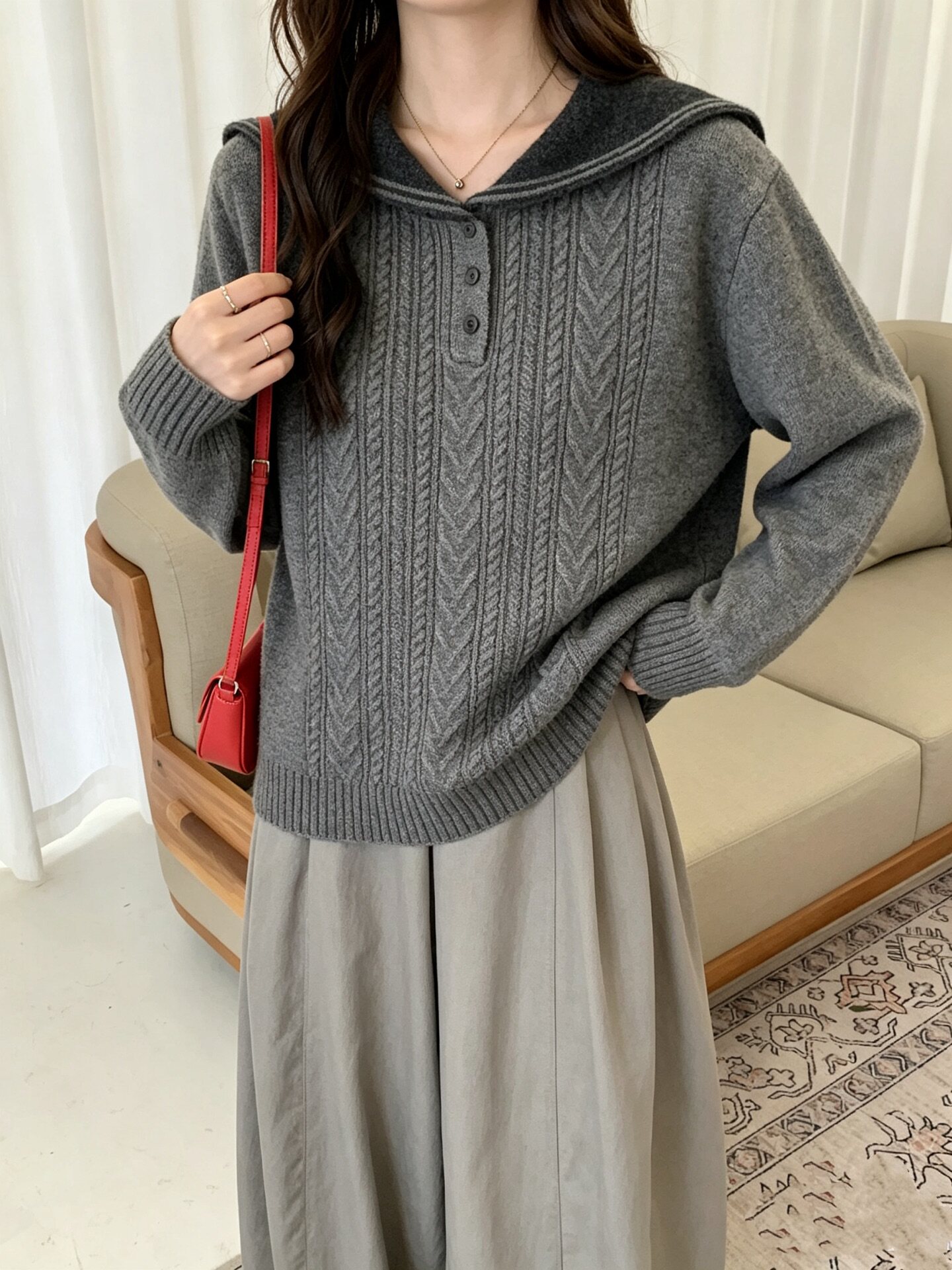 2026秋冬海军领麻花毛衣女宽松撞色翻领套头针织衫慵懒长袖上衣
