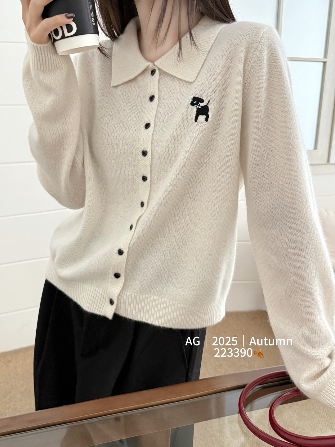 YOYO-新款韩系翻领刺绣小狗毛衣外套女百搭休闲宽松针织毛衣外套