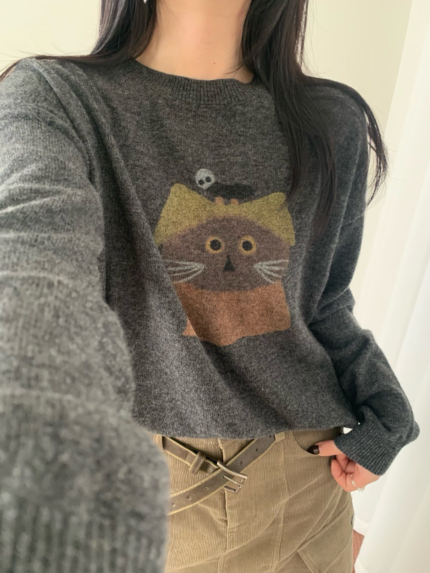 韩系趣味猫咪图案浣熊绒针织衫女 圆领宽松显瘦休闲套头毛衣