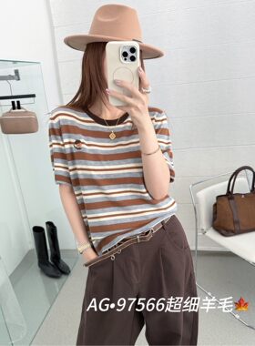 2026早秋复古撞色条纹超细羊毛短袖T恤女精致小刺绣宽松百搭针织