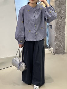2026春季 小清新学院风条纹立领衬衣刺绣长袖 打底衬衫 女 高品新款