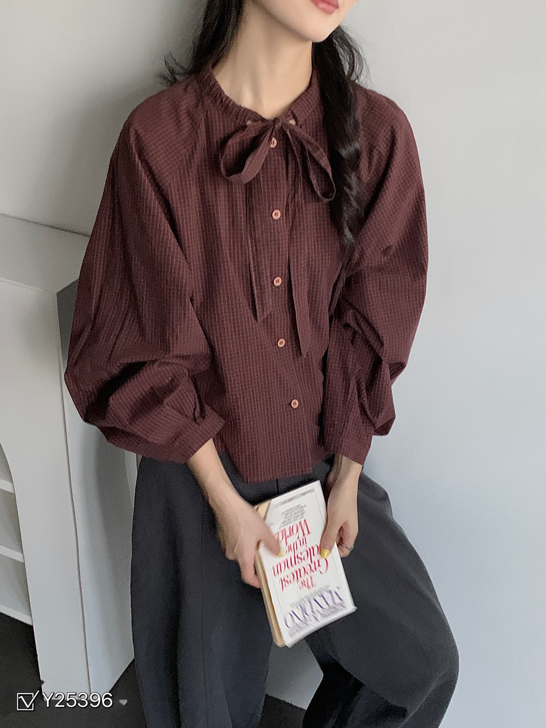 YOYO-新款纯棉蝴蝶结系带长袖衬衫女韩系宽松上衣潮款