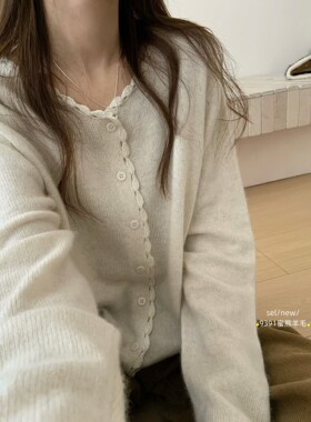 韩代甜美糖果色圆领花边针织开衫女简约百搭宽松显瘦毛衣外套