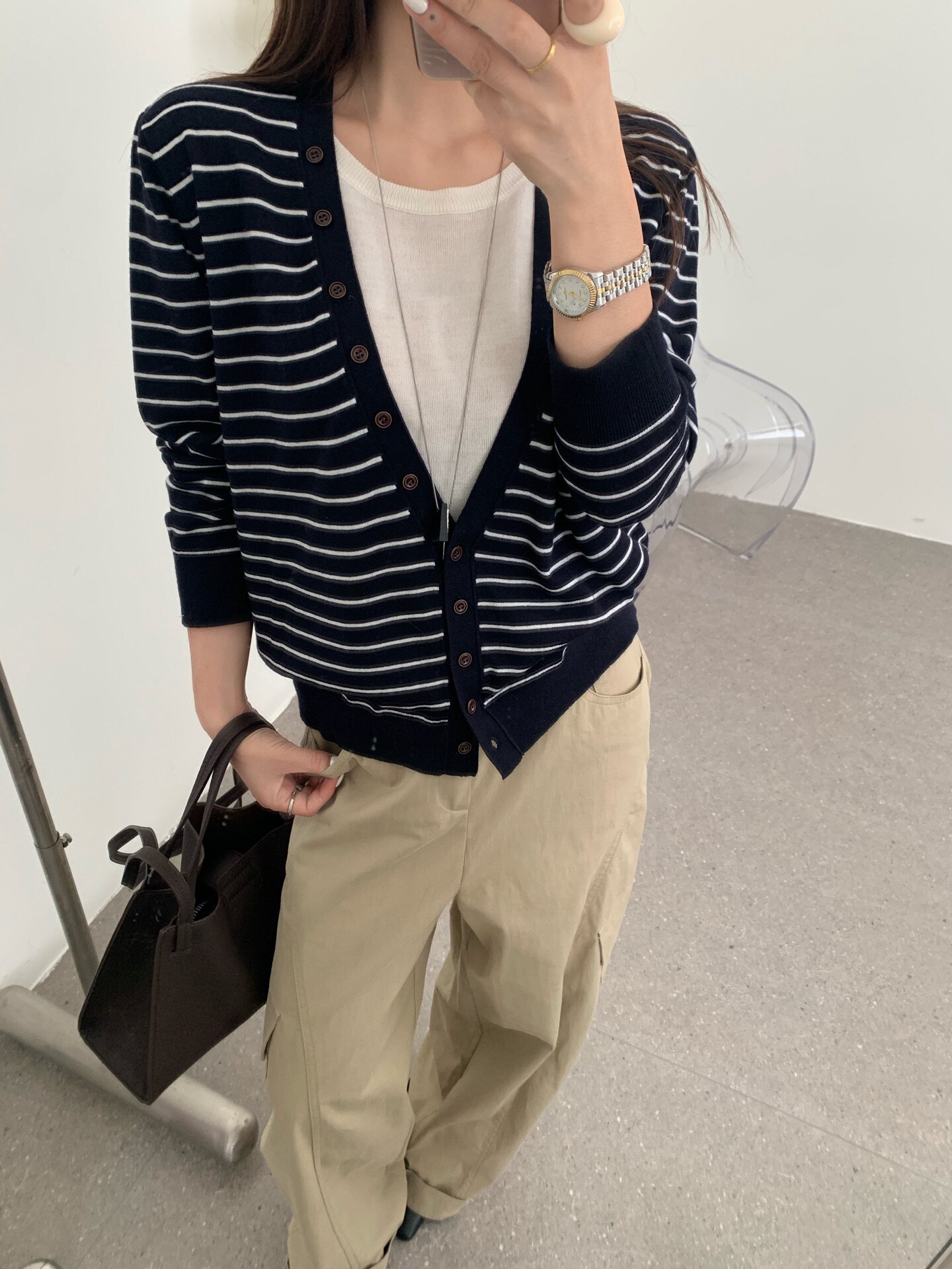 2026早秋条纹羊毛针织假两件女薄款宽松百搭长袖外搭显瘦休闲毛衣