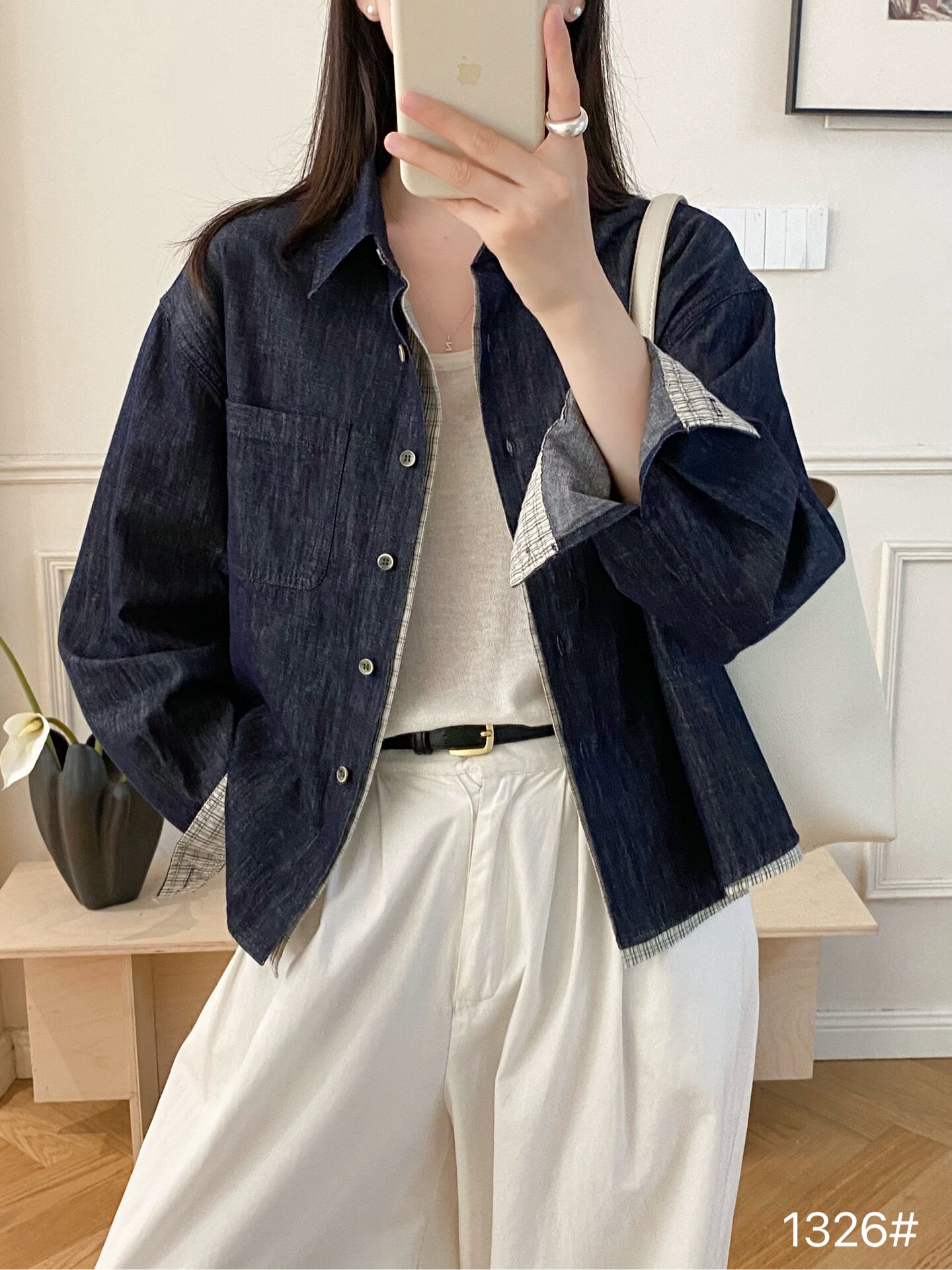 2026早秋拼格假两件原色牛仔衬衫女短款宽松翻领格纹纯棉长袖衬衣