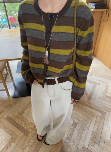 YOYO-新款百分百羊毛圆领条纹针织开衫女百搭休闲宽松毛衣外套女