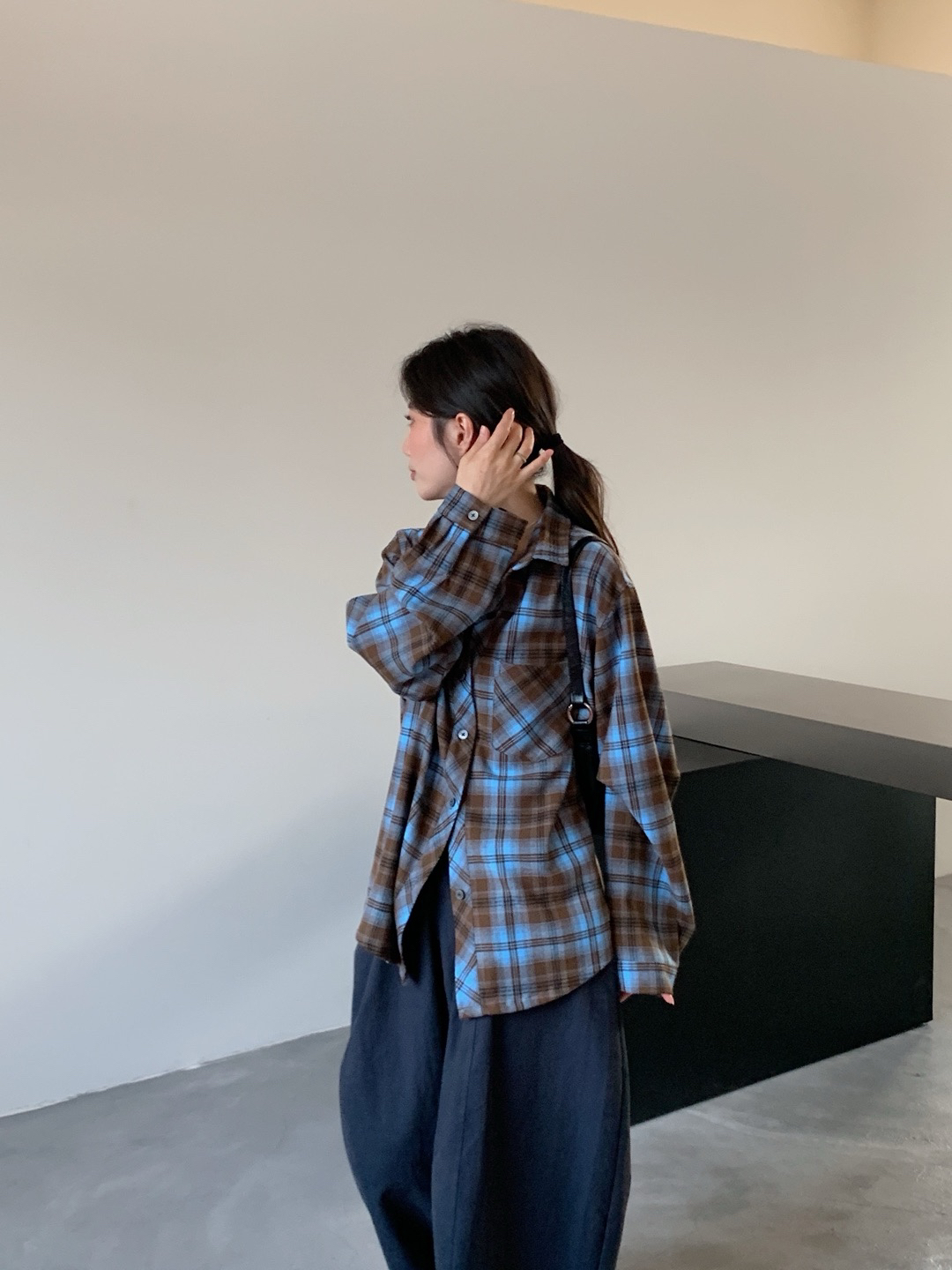 YOYO-新款韩系格子磨毛衬衫女韩系宽松大版上衣潮款