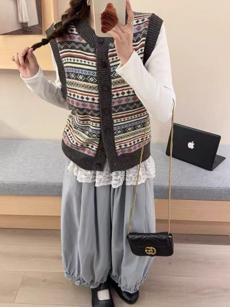 YOYO-新款韩系复古提花韩马甲女宽松休闲百搭上衣潮款毛衣