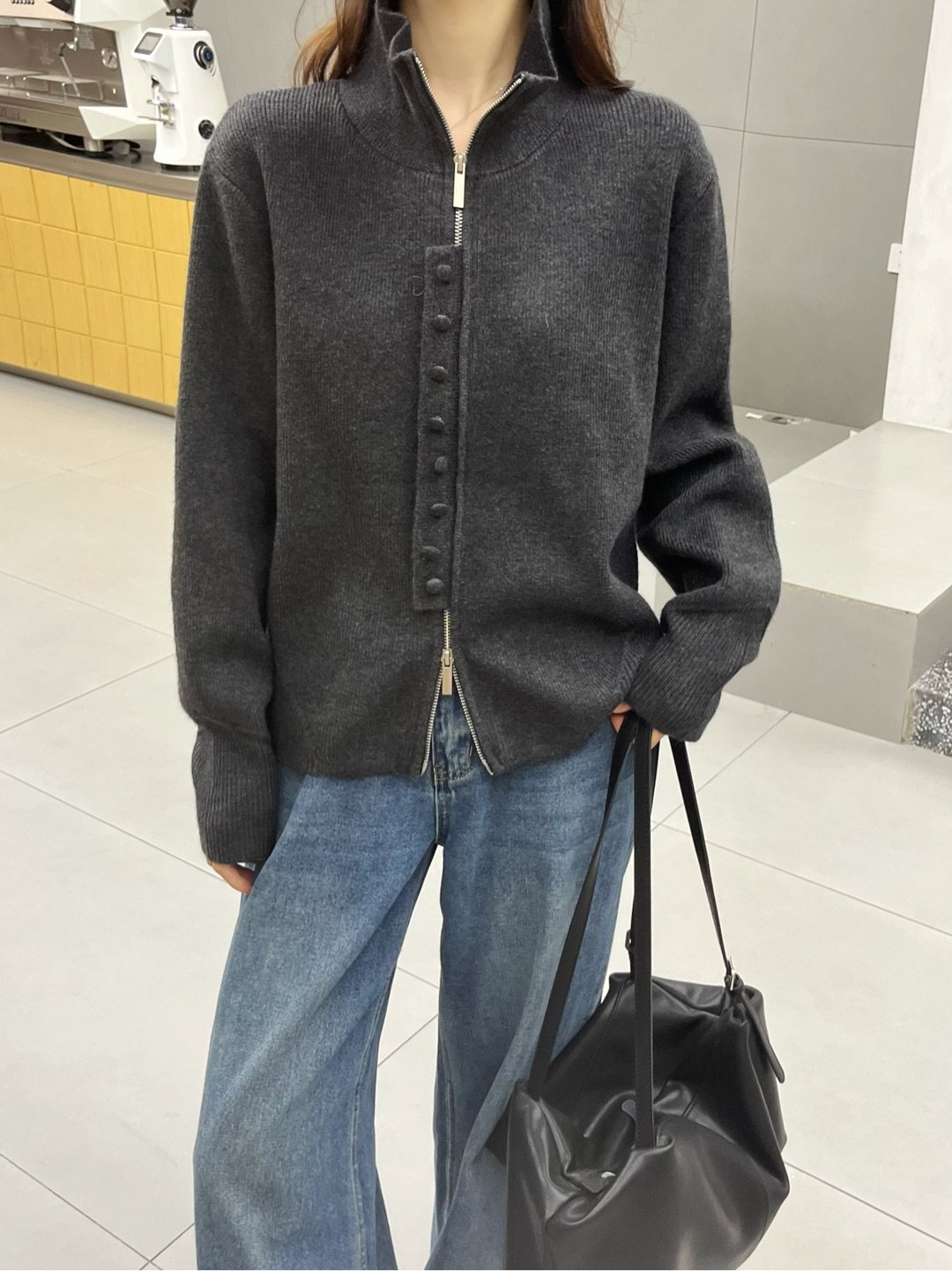 YOYO-新款拼扣拉链纯色针织开衫女百搭休闲宽松毛衣外套女