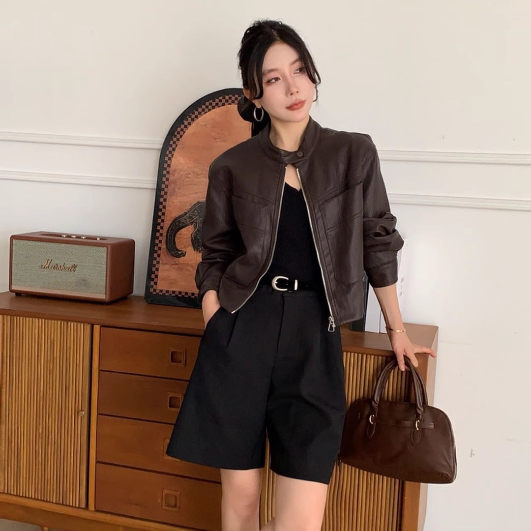 YOYO-美式复古美拉德90白鸭绒皮衣短款外套女春季新款机车皮夹克