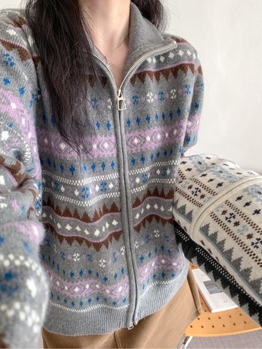 YOYO-秋冬新款复古提花毛衣外套女开衫宽松外搭上衣拉链针织开衫