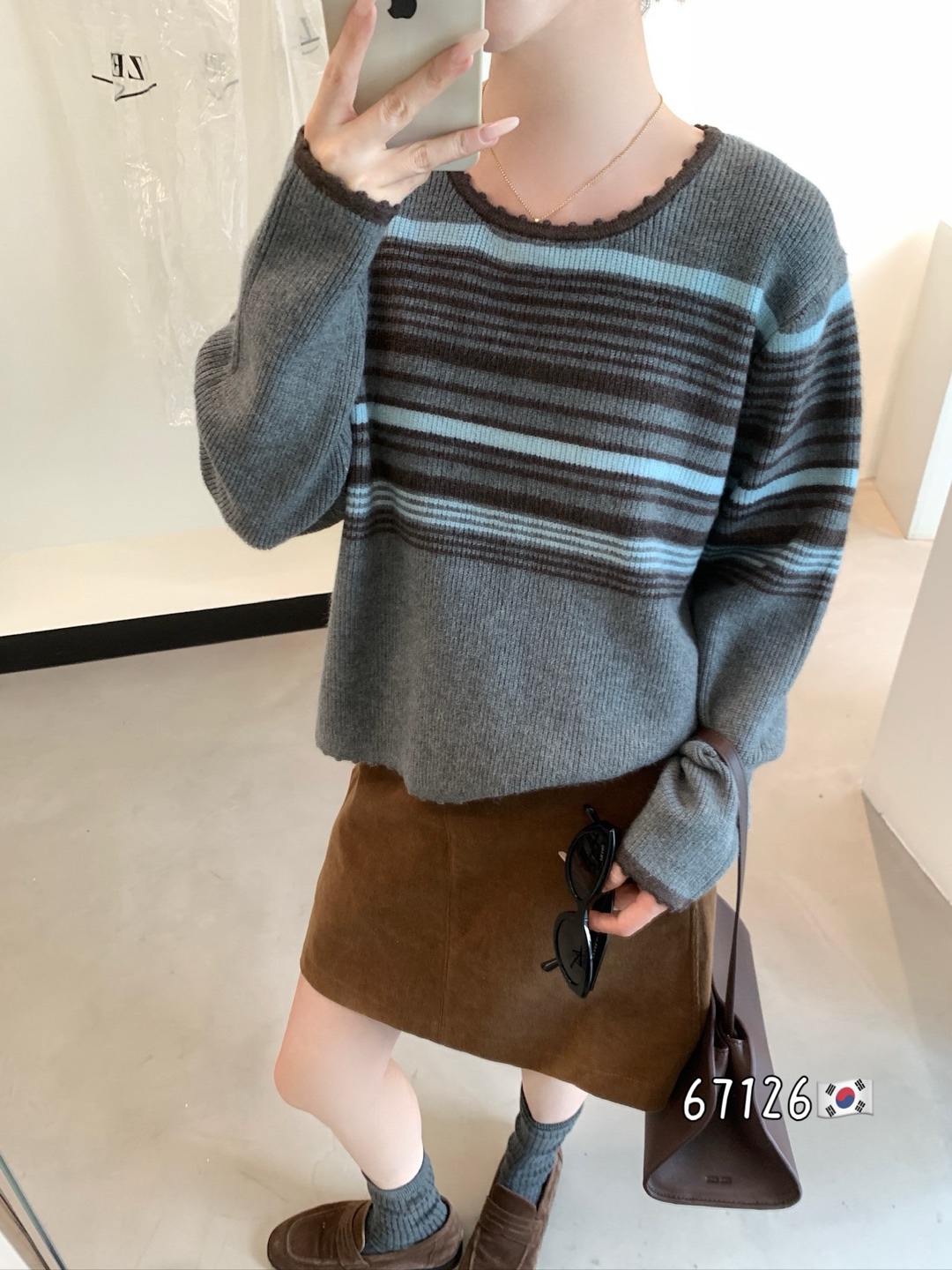 YOYO-简约彩虹条圆领条纹针织衫女百搭休闲宽松针织衫女