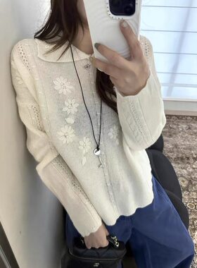 法式重工花朵钩花羊毛针织外套秋季甜美娃娃领镂空单排扣毛衣开衫