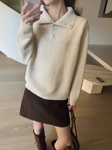 YOYO-新款翻领纹理感毛衣针织衫女百搭休闲宽松毛衣女