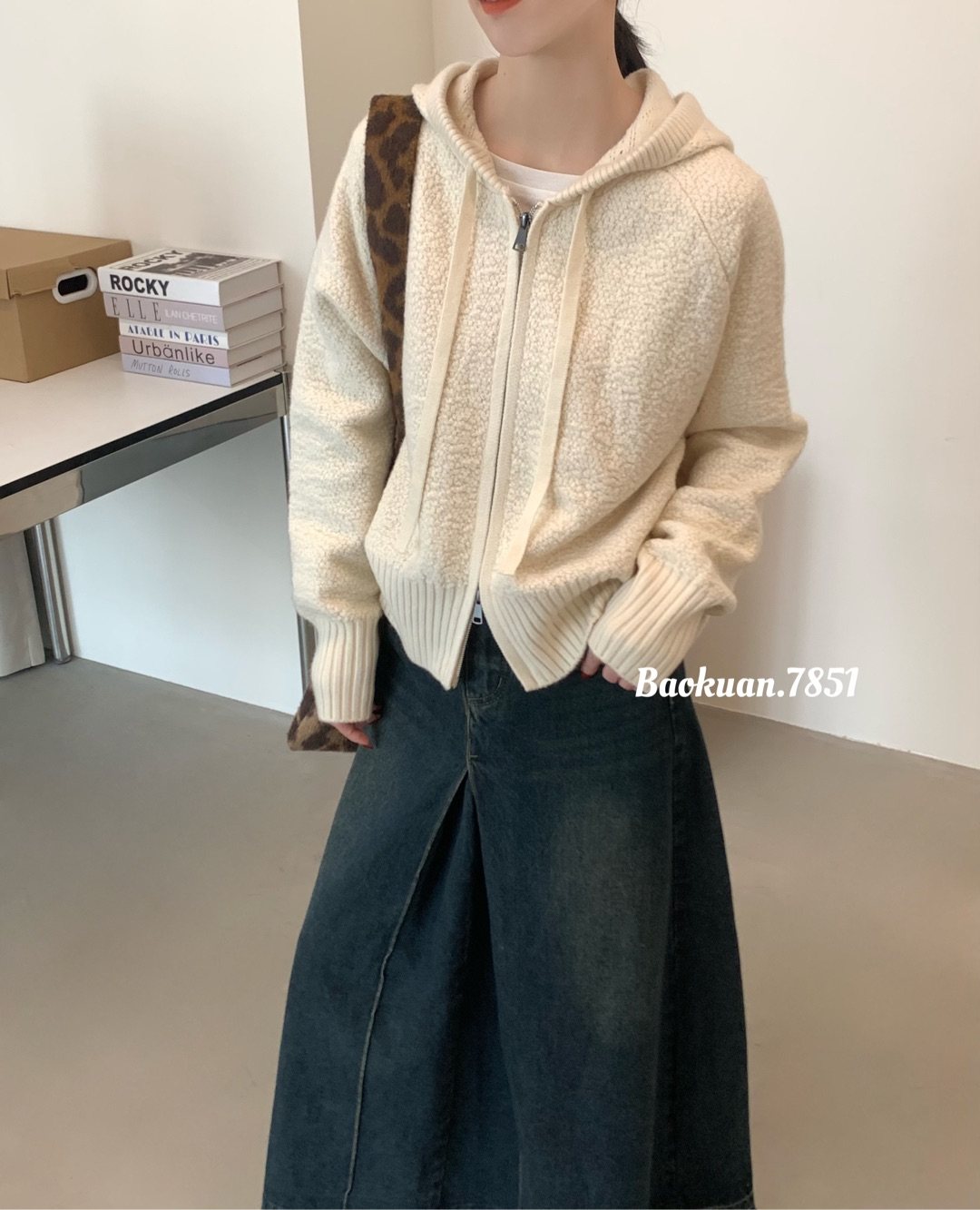 YOYO-质感纹理糖果配色双拉链宽松慵懒风连帽拉链毛衣女秋冬针织