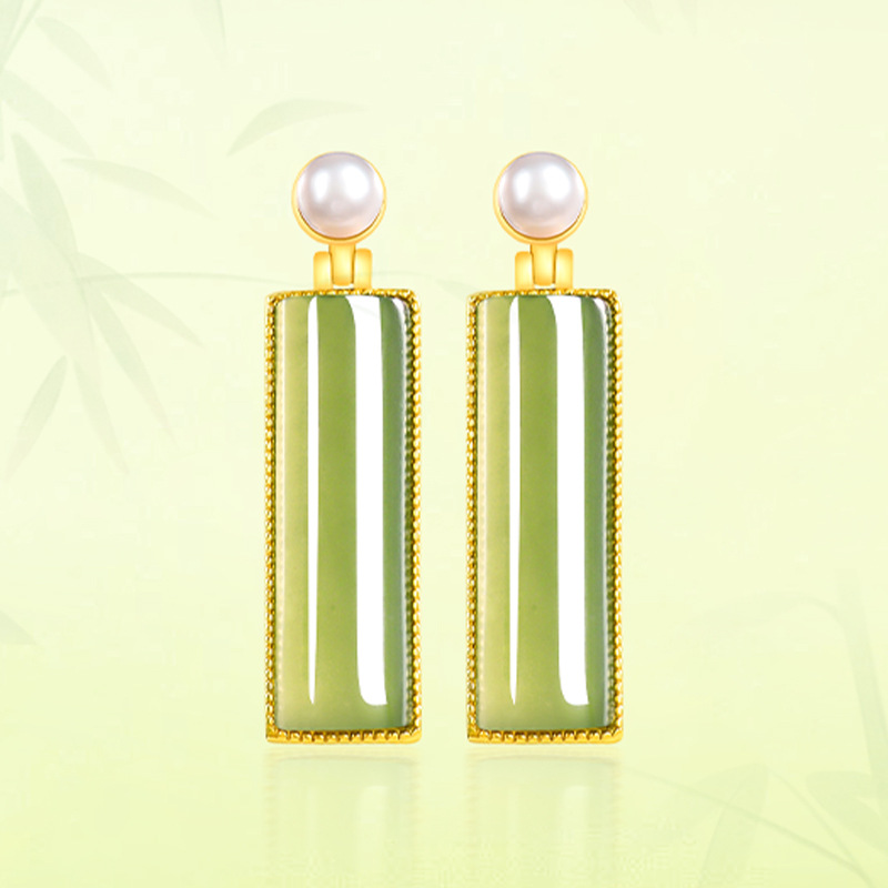 捡漏拍卖天然菠菜绿老料和田玉碧玉长条耳环女款S925银镶玉石耳坠