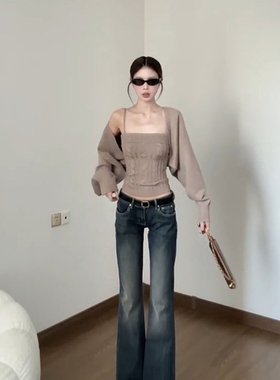 Fart Shop摩卡慕斯 灯笼袖绞花吊带背心开衫针织两件套