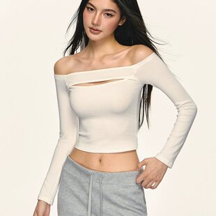 Chill巧儿漫感轮廓纯欲性感镂空设计一字肩修身T恤长袖上衣女