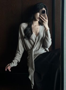 5werkwen 智性绑带开衫 温柔感两穿斜门襟开衫