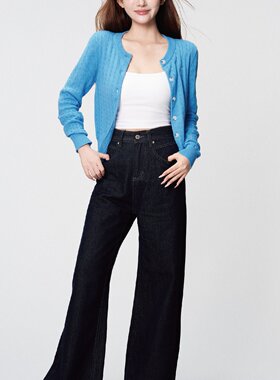 BUBBLELEY 秋季孔雀蓝慵懒风毛衣圆领外套刺绣针织显瘦休闲开衫女