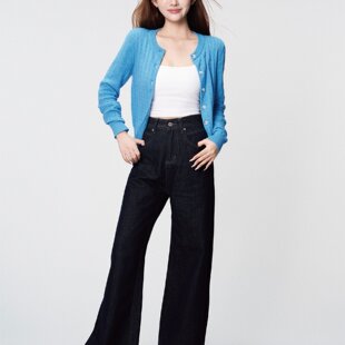 BUBBLELEY 秋季孔雀蓝慵懒风毛衣圆领外套刺绣针织显瘦休闲开衫女