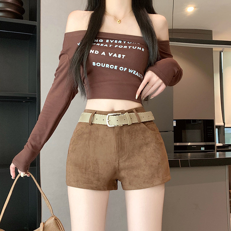 实拍鹿皮绒短裤女秋冬季外穿裤子2025新款高腰紧身打底裤热裤靴裤