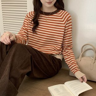 Botanique植物学北欧色系撞色领口美丽奴条纹毛衣女春秋慵懒