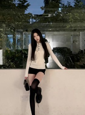 HEYABC 美式辣妹亨利领长袖针织衫女2025百搭休闲显瘦毛衣打底衫