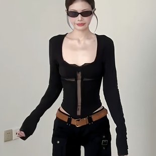 收腰长袖 sol‘Cross 修身 上衣 Ode’蕾丝十字分割打底衫 Rase