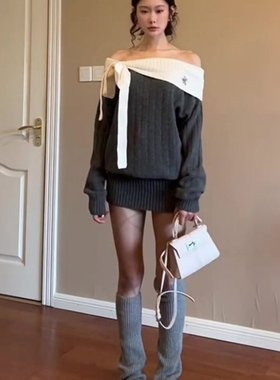 Moster Timnothy原创一字肩蝴蝶结厚款连衣裙氛围感针织长袖毛衣