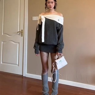 Moster Timnothy原创一字肩蝴蝶结厚款连衣裙氛围感针织长袖毛衣