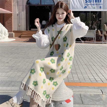 梨型身材碎花针织背心连衣裙女秋季大码胖MM显瘦宽松遮肚流苏长裙