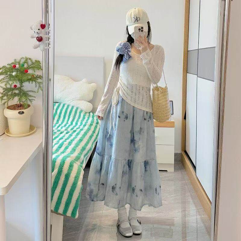 仙女裙海边碎花套装2025夏季半身长裙时尚学院风蓝色穿搭包臀正装
