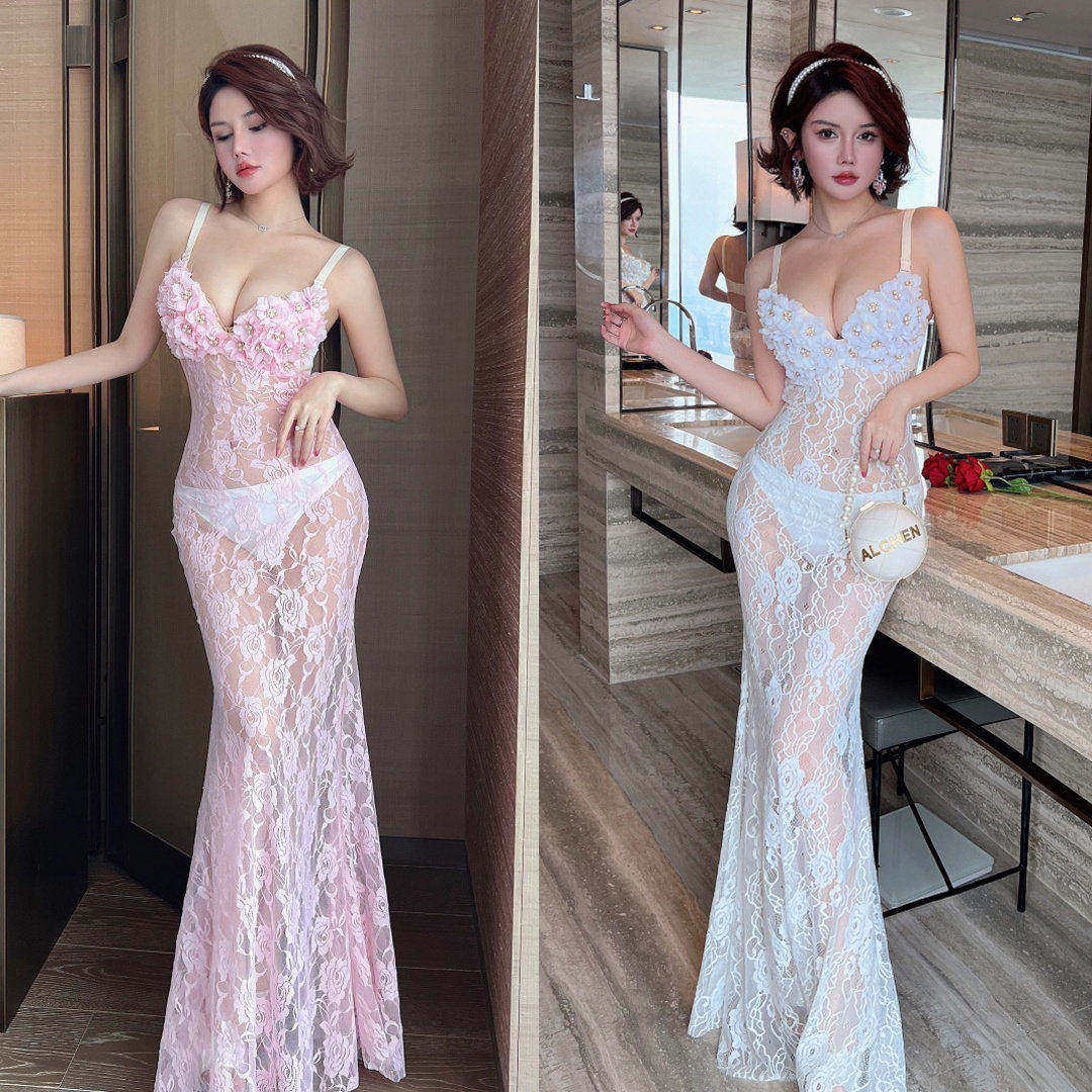 26新款透视蕾丝吊带长裙手工钻花低胸聚拢罩杯性感礼服裙夜场女装