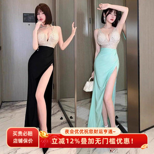 25年新款 性感吊带连衣裙夜场KTV佳丽长裙亮片深V漏胸开叉气质礼服
