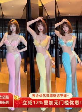 显曲线！性感风透视吊带连衣裙女开叉长裙加厚聚拢内衣夜店礼服