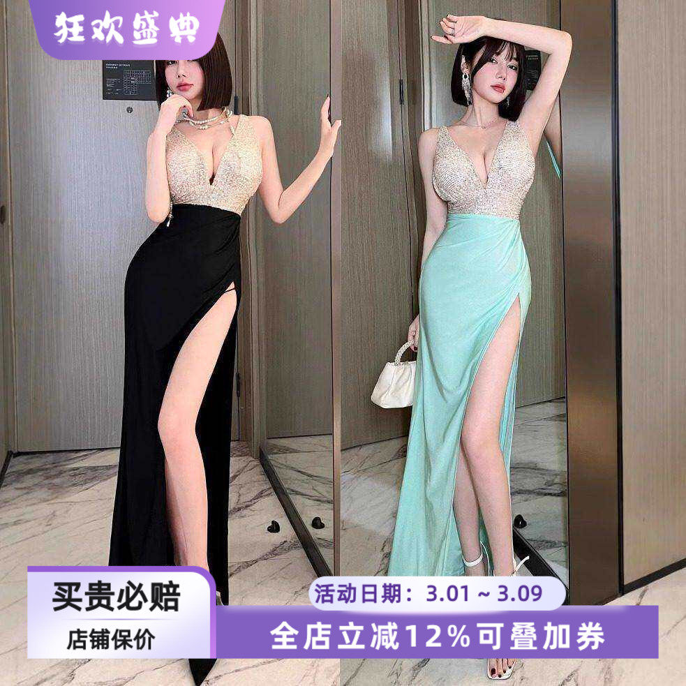 性感吊带连衣裙约会夜场KTV佳丽长裙亮片深V漏胸开叉气质礼服露背