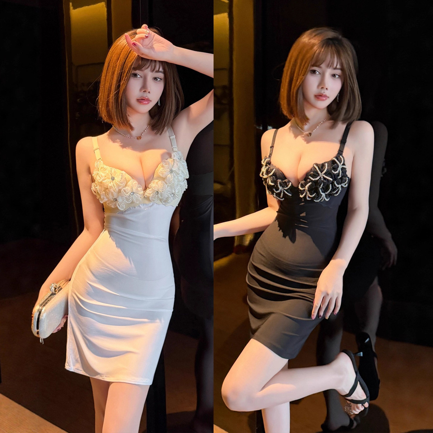 夜店公主性感连衣裙紧身显瘦纯欲花朵烫钻包臀漏胸短裙上班衣服