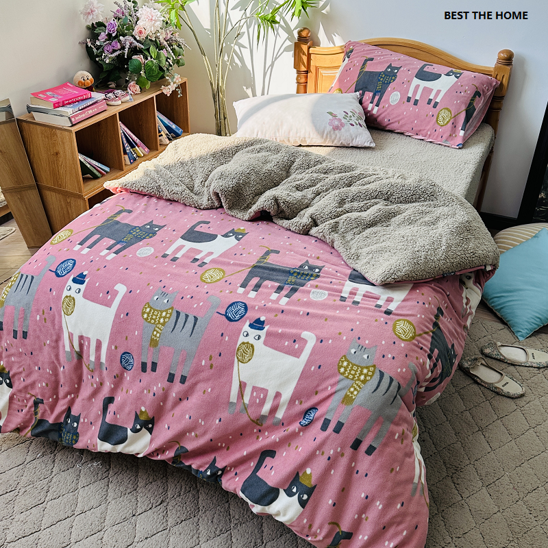 冬季款日单 印花摇粒绒搭配纯色羊羔绒 枕套 被套 床笠 四件套