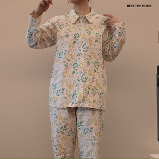 出口日本订单 30/70亚麻棉 女式 印花 长袖家居服/睡衣套