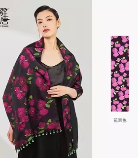 羿唐丝绸原创设计丝巾【爱意玫瑰】玉扣款真丝双层披肩外搭女洋气