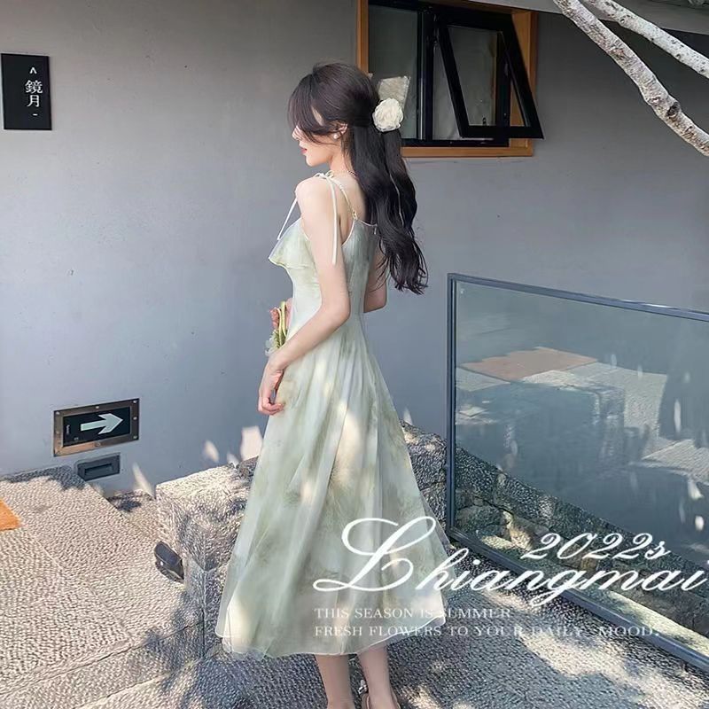 改良款，下单前请看实物夏季新款吊带长裙仙女荷叶边印花无袖