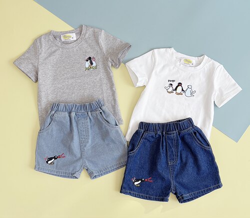 日单26春夏新款pingu男女童宝宝短袖T恤上衣裤子牛仔短裤纯棉套装